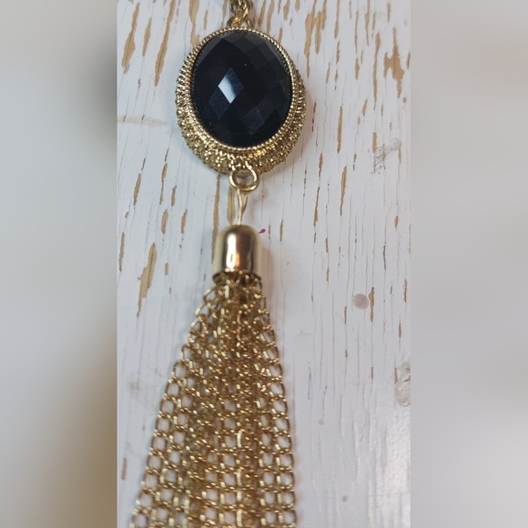 Single Gold Chain Long Necklace Black Glass Pendant Chain Tassel Jewelry Boho - Picture 3 of 5
